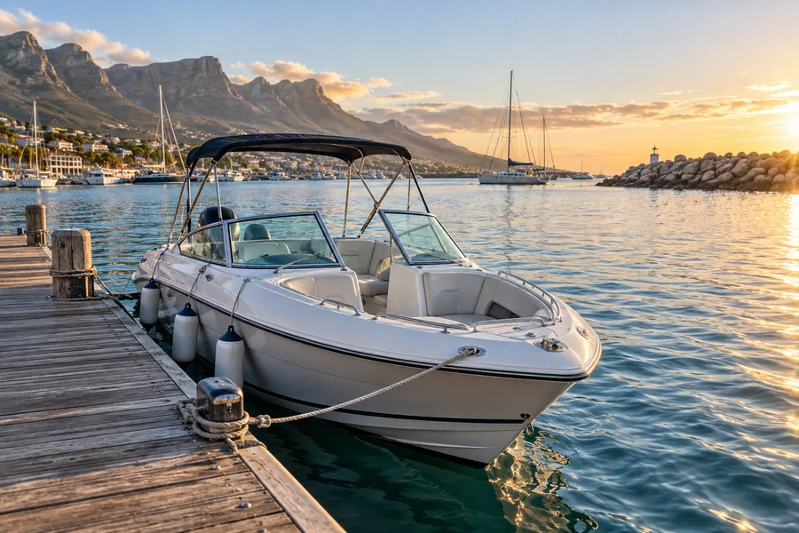 Illustrative ski boat accessories and marine equipment scene